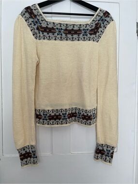Vintage JC Penny Cream Fair Isle Scoop-Neck Sweater with Patterned Yoke